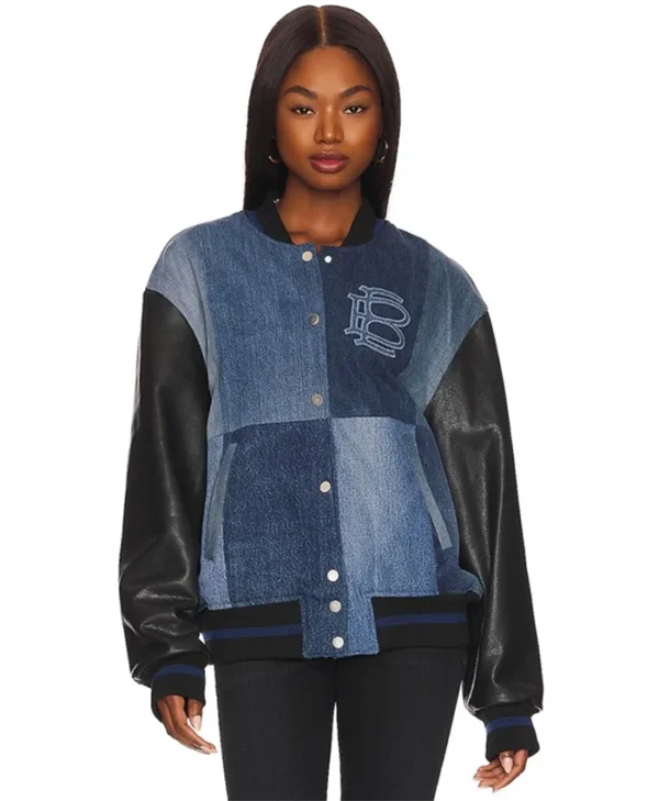 Shop Christina Hall The Flip Off Denim Varsity Jacket