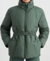 Tess Haubrich Friends Like Her Teal Belted Puffer Jacket For Sale