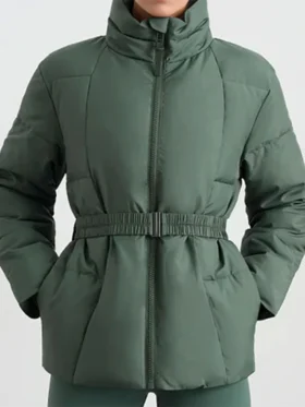 Tess Haubrich Friends Like Her Teal Belted Puffer Jacket For Sale