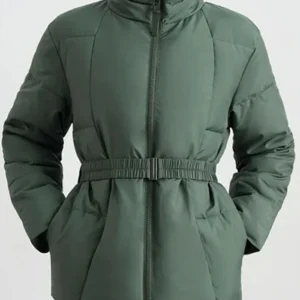 Tess Haubrich Friends Like Her Teal Belted Puffer Jacket For Sale