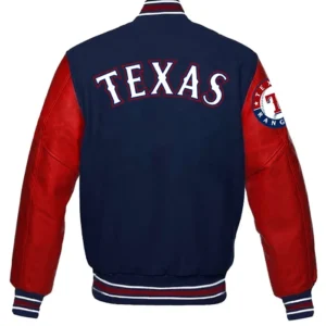 Texas Rangers Navy Blue And Red Varsity Full Snap Jacket Back