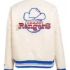 Texas Rangers White Satin Full Snap Bomber Jacket Back