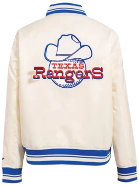 Texas Rangers White Satin Full Snap Bomber Jacket Back