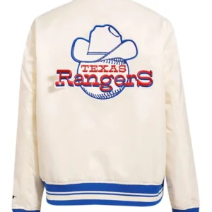 Texas Rangers White Satin Full Snap Bomber Jacket Back