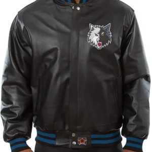 Timberwolves Black Leather Bomber Jacket