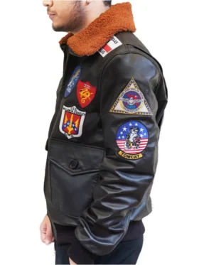 Top Gun Tom Cruise USA Pete Maverick Motorcycle Brown Leather Bomber Jacket Side Look