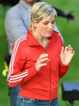 Toxic Town S01 Jodie Whittaker Red Jacket Front