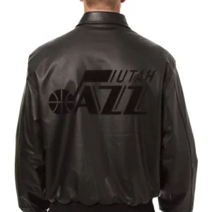 Utah Jazz Black Leather Bomber Jacket Back