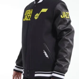 Utah Jazz Black Letterman Wool Varsity Jacket Side