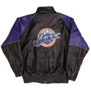 Utah Jazz Black Vintage Leather Full Zipper Jacket Back