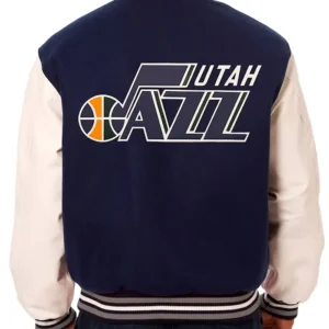 Utah Jazz Navy Blue And White Wool Varsity Jacket Back