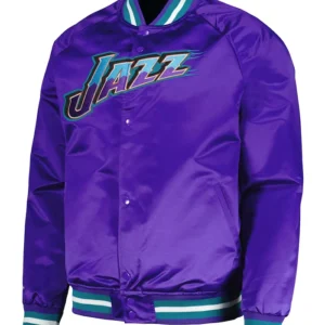Utah Jazz Purple Satin Full Snap Bomber Jacket