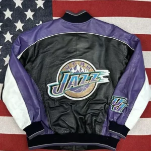 Utah Jazz Vintage Full Zipper Leather Bomber Jacket Back