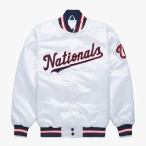 Washington Nationals White Starter Full Snap Bomber Jacket