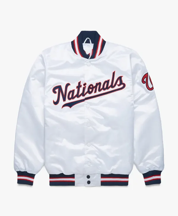 Washington Nationals White Starter Full Snap Bomber Jacket