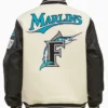 White And Black Marlins Varsity Jacket Back