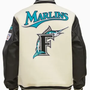 White And Black Marlins Varsity Jacket Back