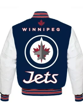 Winnipeg Jets Blue and White Varsity Jacket Back