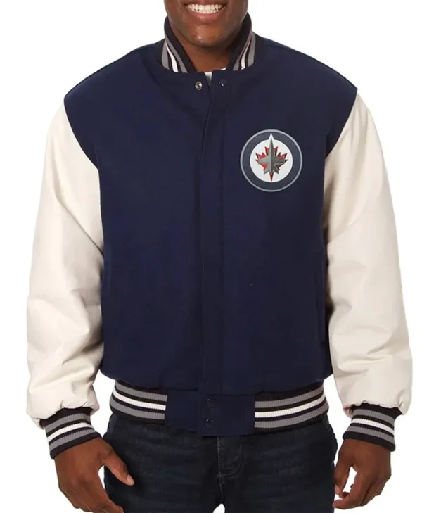 Winnipeg Jets Blue and White WoolLeather Full Snap Jacket