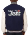 Winnipeg Jets Blue and White WoolLeather Full Snap Jacket Back