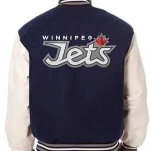 Winnipeg Jets Blue and White WoolLeather Full Snap Jacket Back