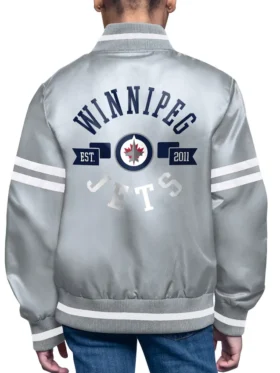 Winnipeg Jets Grey Starter Satin Varsity Full Snap Jacket Back