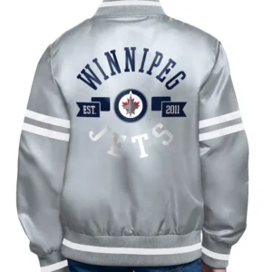 Winnipeg Jets Grey Starter Satin Varsity Full Snap Jacket Back