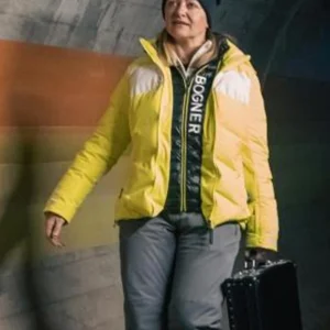 007 Road to a Million S01 Beth Foxwell Yellow Puffer Jacket Side