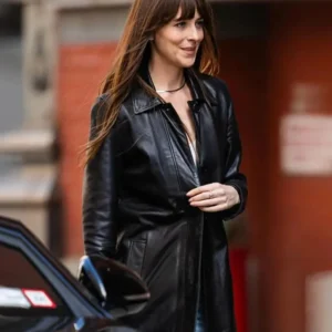 Materialists 2025 Dakota Johnson Black Leather Coat Back