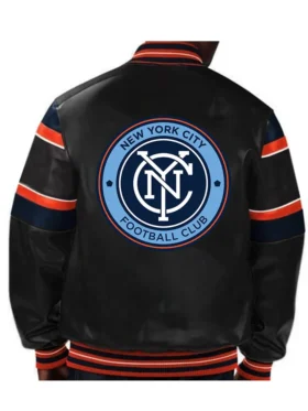 New York City FC Leather Bomber Full Snap Jacket Back