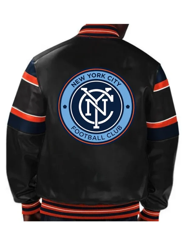 New York City FC Leather Bomber Full Snap Jacket Back