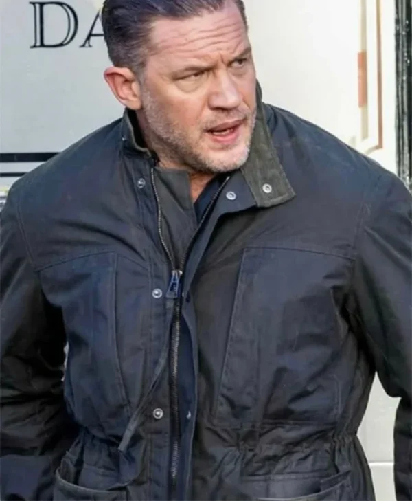 Tom Hardy MobLand Black Jacket closeup