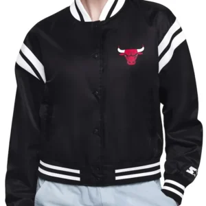 Chicago Bulls Satin Bomber Full Snap Black Jacket