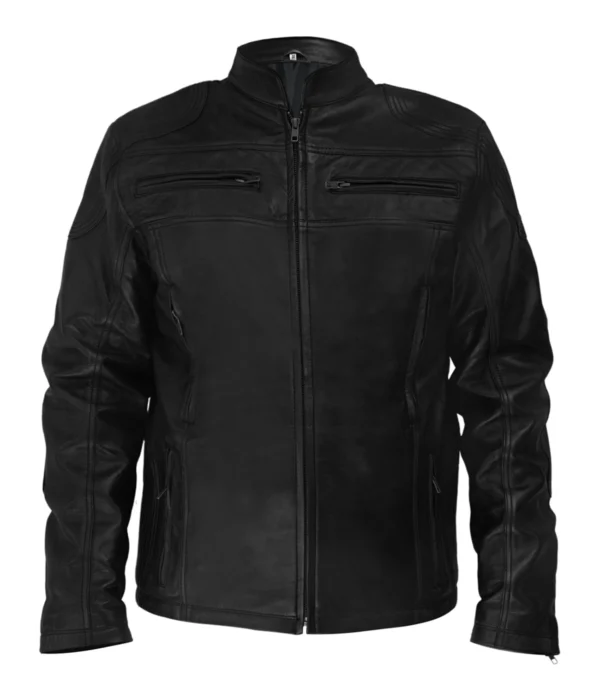 Classic Black Leather Motorcycle Jacket Front