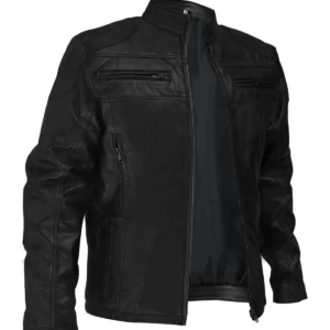 Classic Black Leather Motorcycle Jacket Front Look