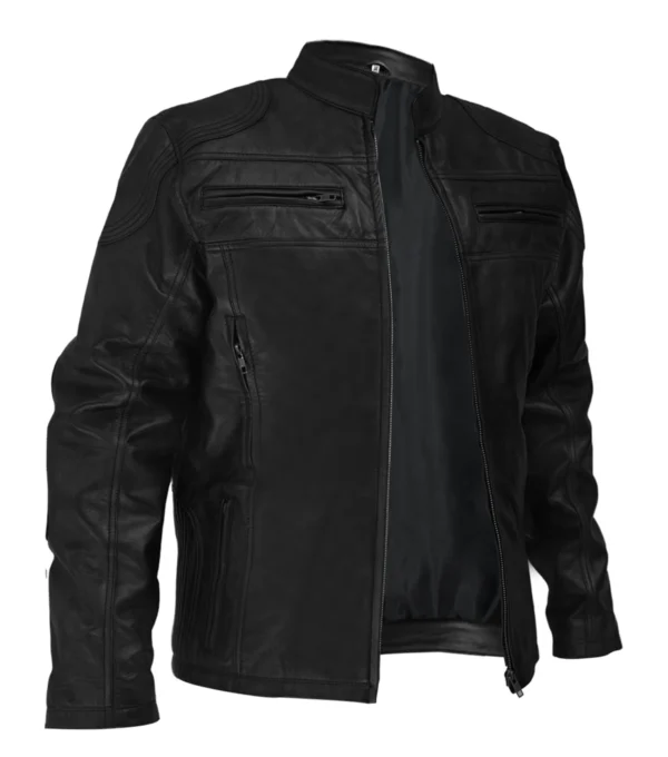 Classic Black Leather Motorcycle Jacket Front Look