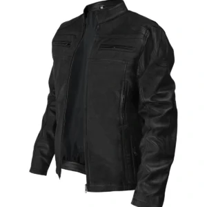 Classic Black Leather Motorcycle Jacket Side Look