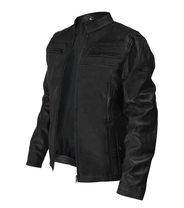 Classic Black Leather Motorcycle Jacket Side Look