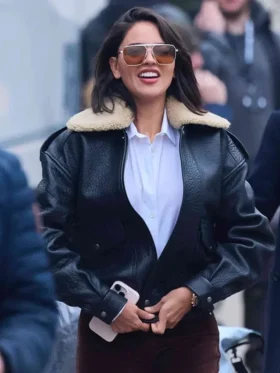 Fountain of Youth 2025 Eiza González Black Leather Jacket Side
