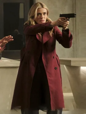 The Hunting Party S01 Melissa Roxburgh Maroon Coat Side