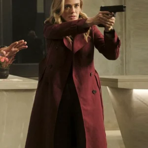 The Hunting Party S01 Melissa Roxburgh Maroon Coat Side