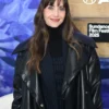 Together 2025 Alison Brie Black Leather Coat Front