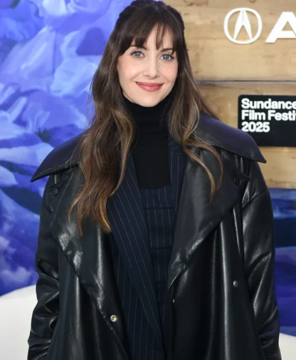 Together 2025 Alison Brie Black Leather Coat Front