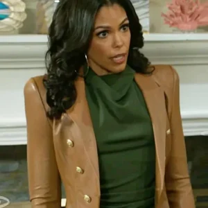 Beyond the Gates S01 Karla Mosley Brown Leather Blazer