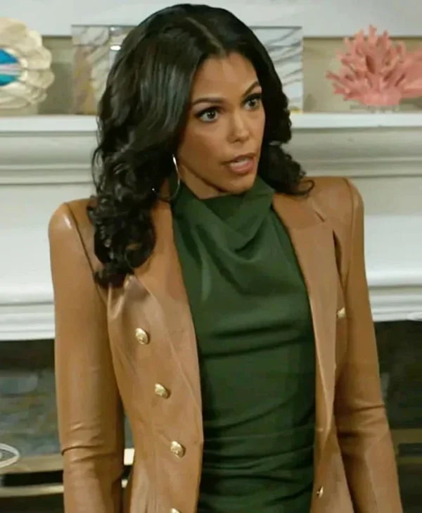 Beyond the Gates S01 Karla Mosley Brown Leather Blazer