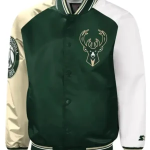Milwaukee Bucks Hunter Green and Cream Varsity Satin Jacket SALE