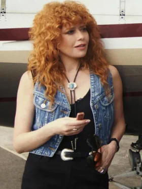 Poker Face S02 Natasha Lyonne Blue Denim Vest Side