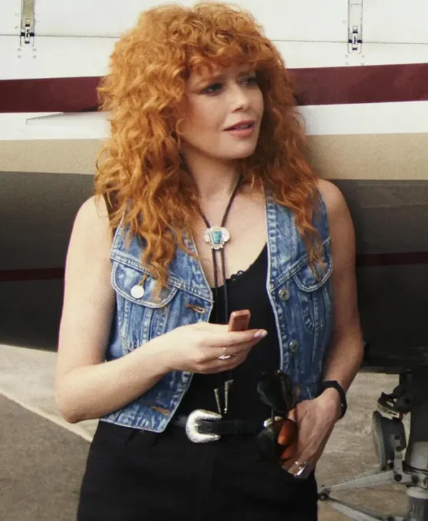 Poker Face S02 Natasha Lyonne Blue Denim Vest Side