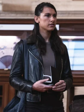 Art Detectives S01 Nina Singh Black Leather Jacket Side