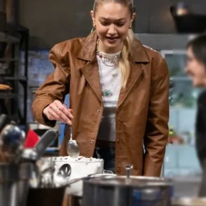 Beat Bobby Flay Gigi Hadid Brown Jacket Side